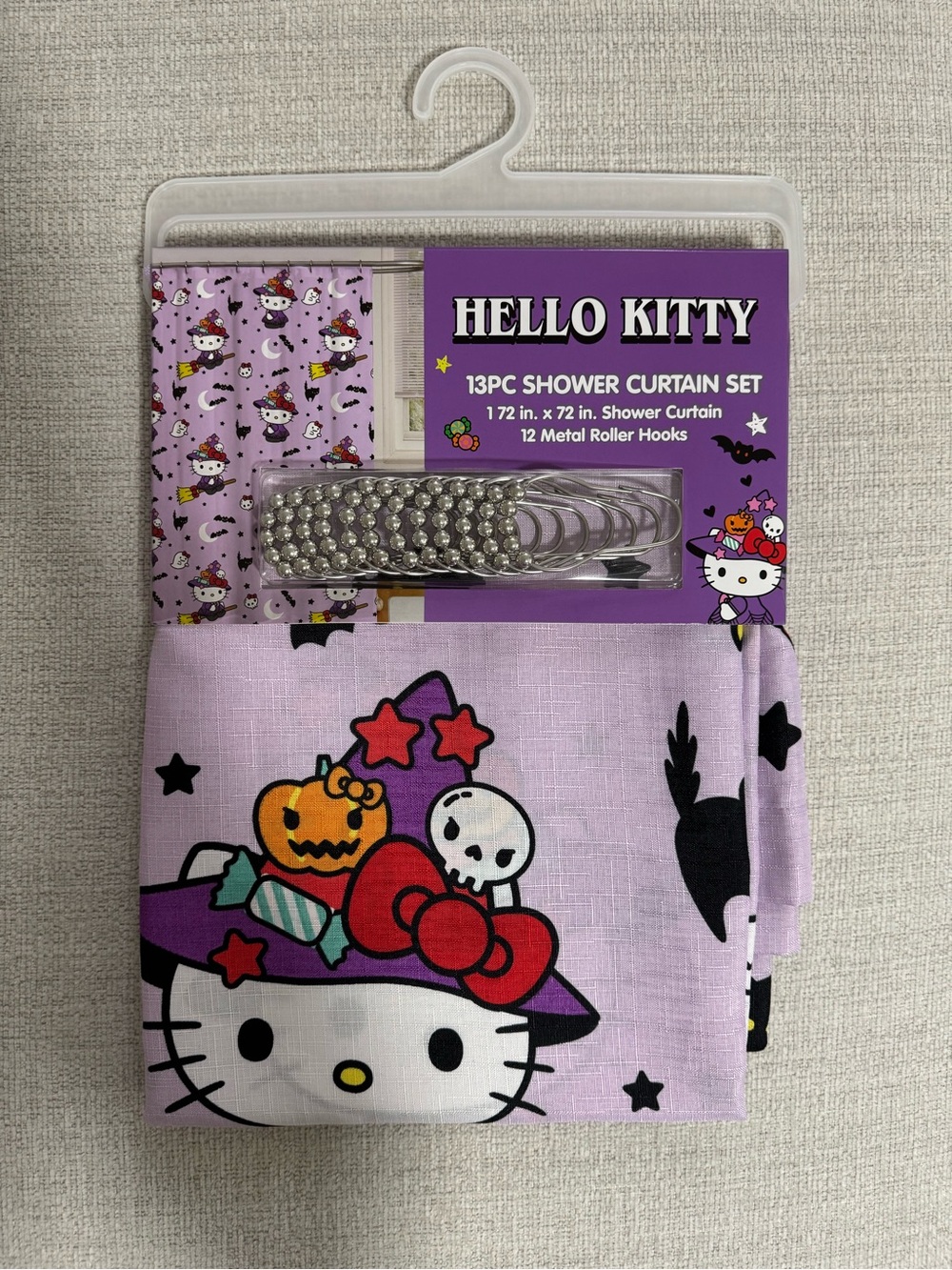 Hello Kitty Lavender Halloween Shower Curtain Set with Silver Hooks